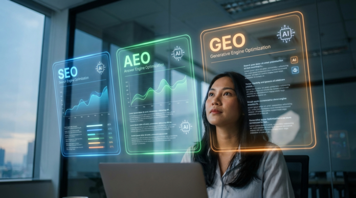 Seorang profesional Indonesia menganalisis tampilan website terstruktur di layar komputer dalam ruang kerja modern.