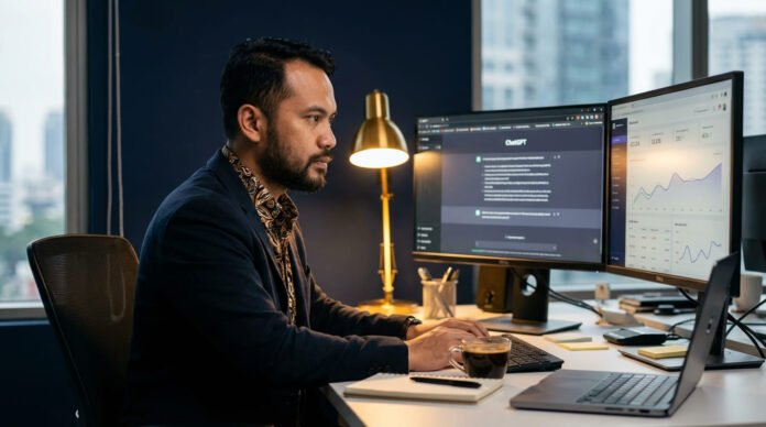 Pemilik bisnis Indonesia menggunakan ChatGPT di laptop untuk membuat konten marketing dan menganalisis data bisnis di ruang kerja modern dengan tampilan dashboard AI