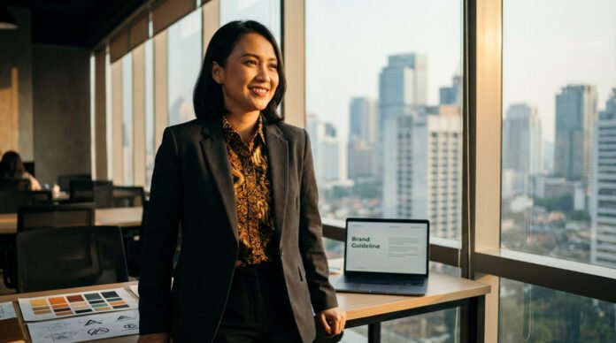 Pemilik bisnis UMKM Indonesia membangun strategi branding dengan menyusun elemen identitas visual brand di ruang kerja modern