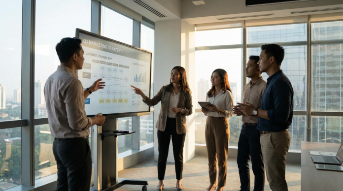 Tim marketing Indonesia sedang berdiskusi di ruang kantor modern dengan layar menampilkan grafik kampanye dan peta perjalanan pelanggan.