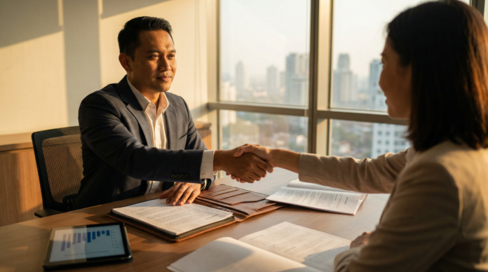 Seorang sales profesional Indonesia berjabat tangan dengan klien dalam pertemuan bisnis di ruang kantor modern.