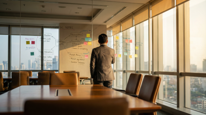 Pemilik usaha Indonesia berdiri di ruang rapat melihat papan strategi berisi diagram, grafik, dan perencanaan bisnis.