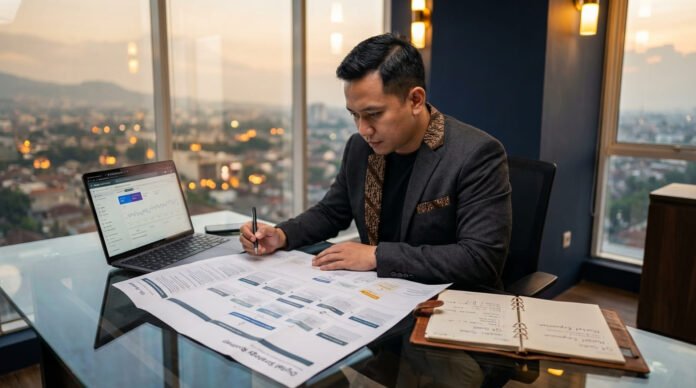 Pemilik bisnis Indonesia menyusun roadmap strategi digital dengan laptop dan catatan perencanaan konten website media sosial dan optimasi AI di meja kerja modern