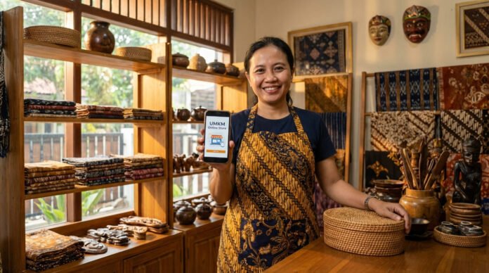 Pemilik UMKM Indonesia menggunakan laptop dan smartphone untuk mengelola bisnis digital dari toko lokal dengan produk kerajinan tangan di latar belakang