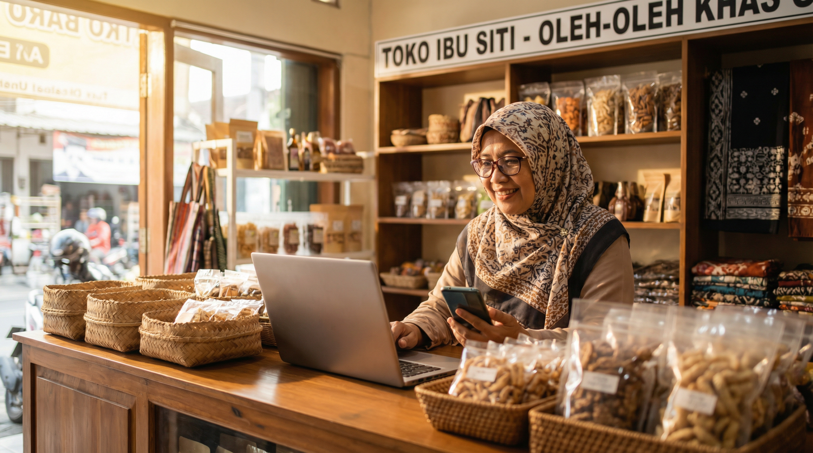 Apa Itu UMKM dan Tantangannya di Era Digital? Pemilik UMKM Indonesia di dalam toko kecil menggunakan laptop dan ponsel untuk mengelola pesanan online di era digital.