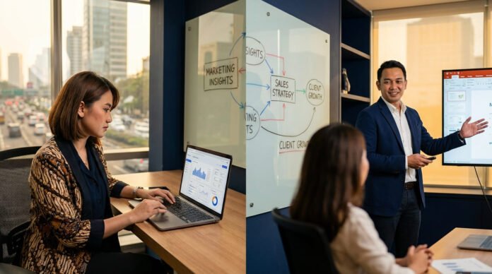 Diagram perbandingan marketing dan sales bisnis Indonesia menampilkan alur dari awareness hingga konversi pelanggan dengan dua tim berkolaborasi di whiteboard