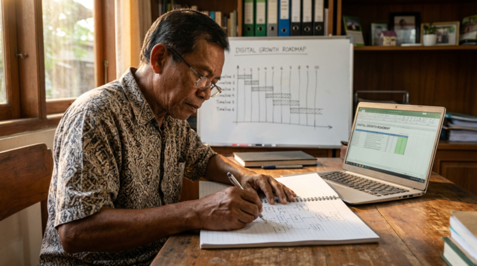 Pemilik UMKM Indonesia menyusun roadmap strategi digital dengan laptop dan catatan perencanaan di meja kerja.