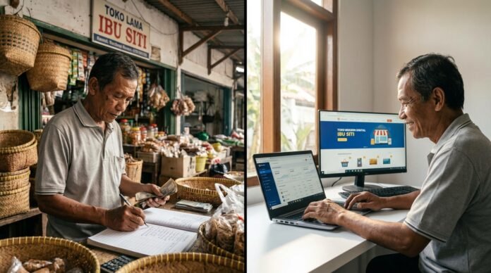 Ilustrasi transformasi bisnis tradisional Indonesia menjadi sistem digital modern dengan penggunaan laptop dan dashboard online.