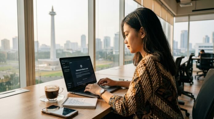 Pemilik UMKM Indonesia menggunakan laptop untuk mengoptimasi konten AEO agar bisnis muncul di jawaban AI