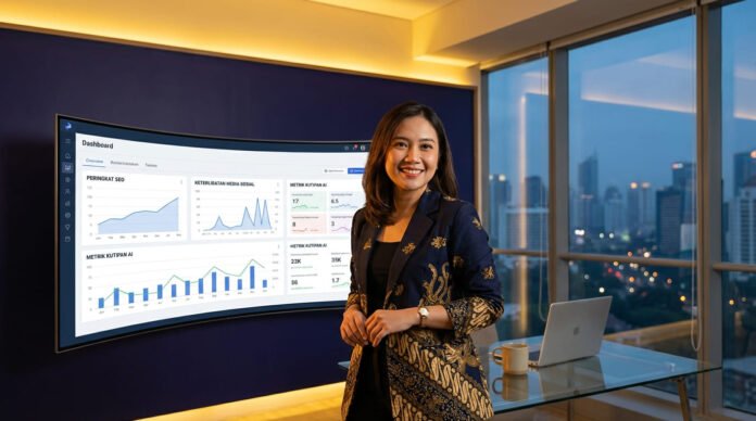 im digital marketing Indonesia menganalisis data kampanye di layar dashboard dengan grafik performa konten SEO dan media sosial di kantor modern Jakarta