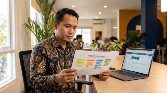 Profesional konten Indonesia menunjukkan framework E-E-A-T pada papan presentasi dengan empat elemen Experience Expertise Authoritativeness Trustworthiness di ruang kerja modern
