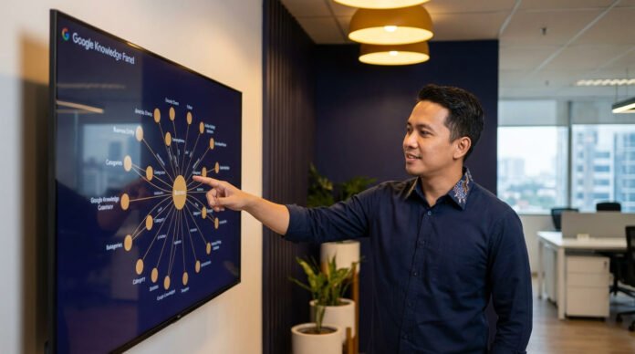 Visualisasi entity SEO menampilkan jaringan entitas bisnis Indonesia terhubung ke Google Knowledge Graph dengan node identitas brand di pusat dan koneksi ke berbagai platform digital