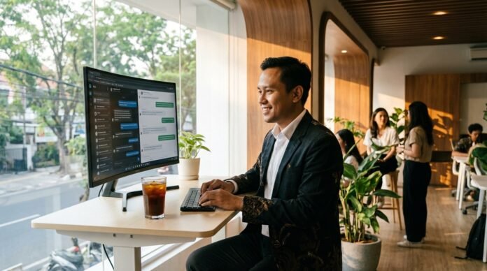 Pengusaha muda Indonesia menganalisis strategi GEO di laptop dengan tampilan AI generatif di layar, di ruang kerja modern