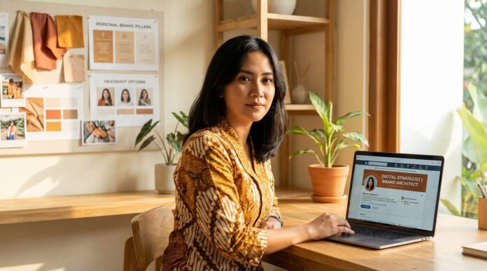 Profesional Indonesia membangun personal branding digital dengan mengatur profil LinkedIn konten media sosial dan portofolio keahlian di laptop di ruang kerja kreatif modern
