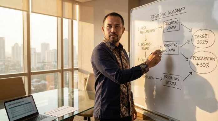 Pemilik bisnis UMKM Indonesia menyusun peta strategi bisnis di whiteboard dengan diagram tujuan target pasar dan prioritas eksekusi di ruang kantor modern