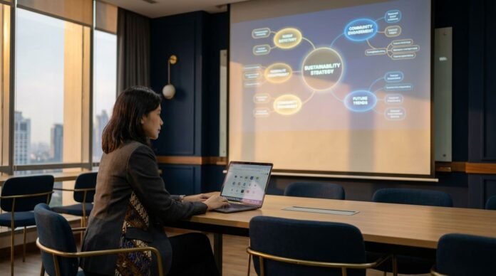 Ilustrasi struktur topical authority website bisnis Indonesia dengan konten pilar dan cluster yang saling terhubung membentuk jaringan informasi digital