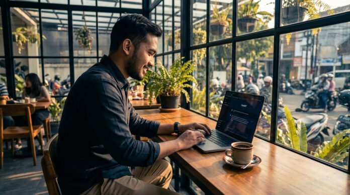 Pemilik bisnis UMKM Indonesia menggunakan laptop untuk mengoptimalkan kehadiran digital bisnisnya agar muncul di hasil pencarian ChatGPT dan AI generatif