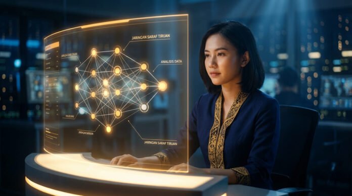 Profesional bisnis Indonesia menggunakan ChatGPT di laptop dengan visualisasi jaringan neural AI generatif dan alur pemrosesan data di layar komputer modern Jakarta
