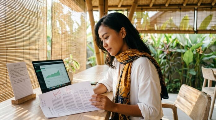 Penulis konten Indonesia mengoptimalkan artikel digital dengan data statistik dan struktur AEO di laptop sambil memeriksa checklist konten siap dikutip AI generatif di meja kerja modern