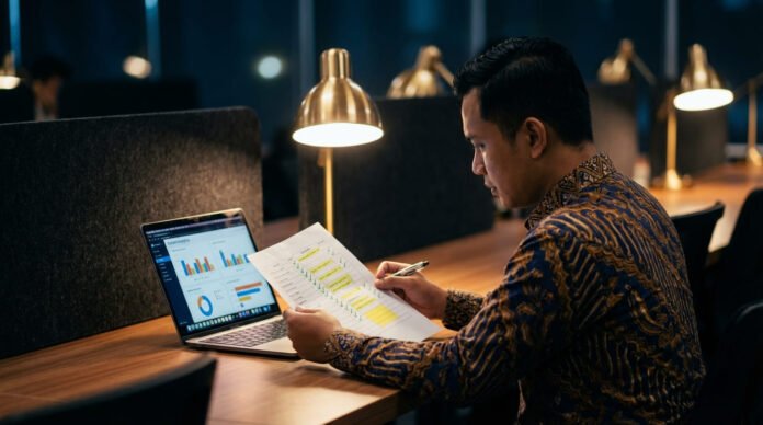 Profesional digital Indonesia menggunakan laptop untuk mengoptimasi artikel dengan checklist AEO dan struktur konten yang terorganisir di meja kerja modern
