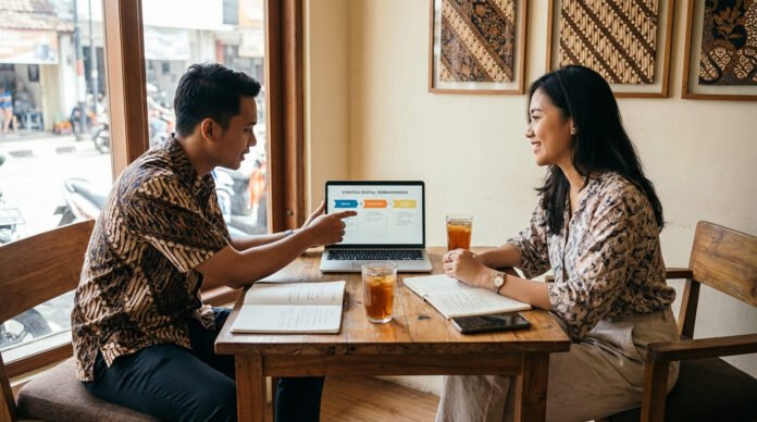 Infografis perbandingan SEO AEO dan GEO ditampilkan di layar laptop oleh pebisnis Indonesia di kafe modern
