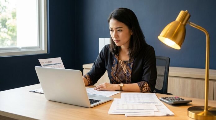 Pemilik UMKM Indonesia menganalisis laporan arus kas bisnis di laptop dengan dokumen keuangan di meja kantor modern Surabaya