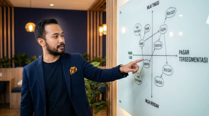 Strategist bisnis Indonesia laki-laki berdiri di depan positioning matrix diagram di papan kaca kantor modern Surabaya menunjukkan posisi brand di peta persaingan pasar