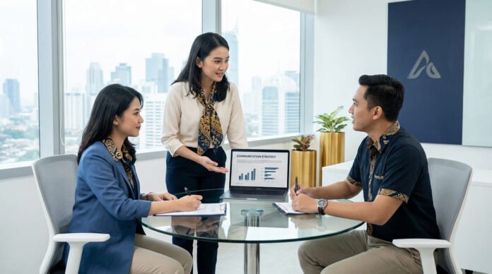 Tim bisnis Indonesia berdiskusi strategi komunikasi dengan klien menggunakan laptop presentasi dan dokumen proposal di ruang meeting modern dengan cahaya alami Jakarta
