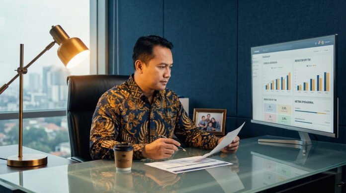 Pemilik bisnis Indonesia laki-laki paruh baya meninjau dashboard manajemen bisnis dengan data keuangan operasional dan KPI di layar komputer di kantor eksekutif modern Surabaya