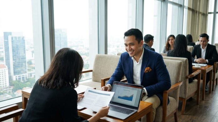 Sales professional Indonesia melakukan presentasi produk kepada calon klien bisnis dengan laptop dan dokumen proposal di ruang pertemuan bisnis modern Surabaya