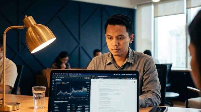 Digital marketer Indonesia menganalisis cara kerja Google Search dan data SEO di laptop di co-working space modern Jakarta