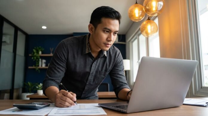 Pemilik UMKM Indonesia menyusun anggaran bisnis bulanan di spreadsheet laptop dengan dokumen keuangan di meja kantor Jakarta