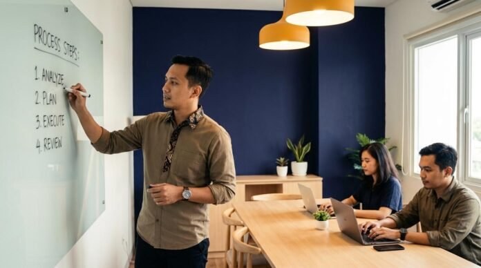 emilik UMKM Indonesia menyusun dokumen SOP bisnis bersama tim karyawan di ruang rapat modern dengan whiteboard di Surabaya