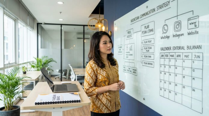 Profesional komunikasi Indonesia perempuan menyusun strategi komunikasi bisnis dengan peta audiens pesan kunci dan kalender editorial di papan tulis kantor kreatif Jakarta