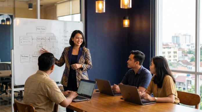 Pemimpin bisnis UMKM Indonesia memberikan briefing tugas kepada tim karyawan di ruang rapat modern Yogyakarta