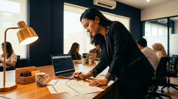 Pemilik UMKM Indonesia menganalisis laporan keuangan bisnis di meja kerja modern dengan laptop dan dokumen keuangan di Surabaya