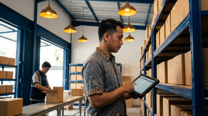 Manajer operasional UMKM Indonesia mengecek proses fulfillment pesanan di gudang modern dengan tablet dan rak produk di Surabaya