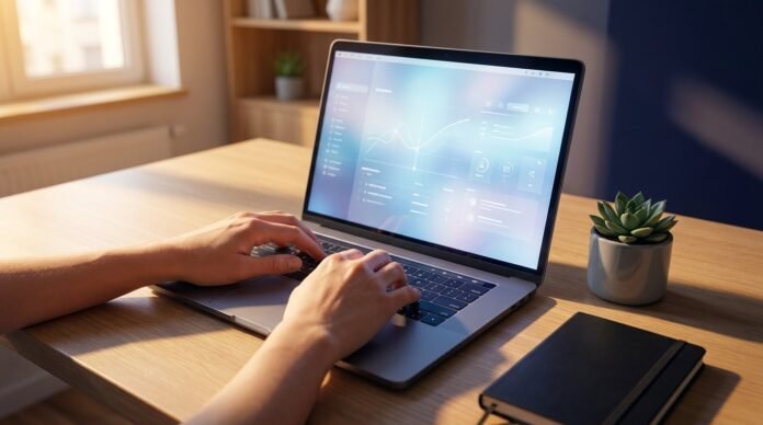 angan mengetik di laptop dengan antarmuka AI menyala di layar di meja kerja minimalis modern dengan cahaya natural