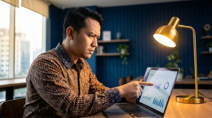 Pemilik UMKM Indonesia menganalisis dashboard KPI bisnis di laptop dengan grafik pertumbuhan di ruang kerja modern Bandung