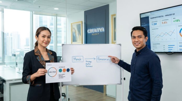 Dua profesional Indonesia — satu memegang moodboard brand identity dan satu menunjuk dashboard marketing analytics — berdiri berdampingan di kantor kreatif Jakarta modern