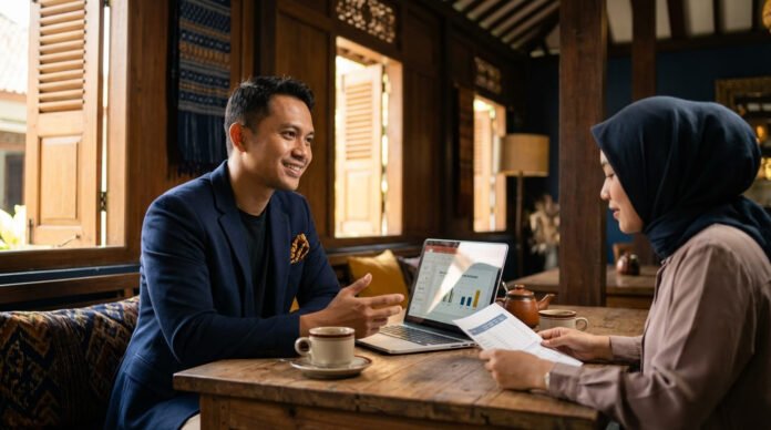 Sales professional Indonesia laki-laki melakukan sesi consultative selling dengan pemilik bisnis kecil di kafe bisnis modern Yogyakarta dengan laptop dan dokumen proposal