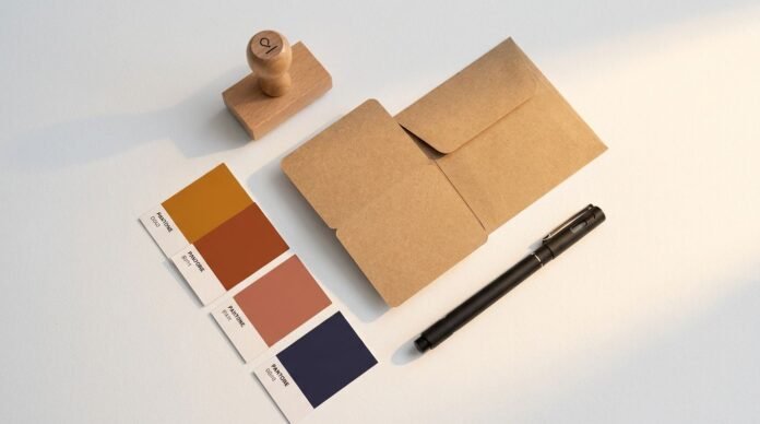 Flat lay elemen brand identity logo stamp kartu warna kartu nama amplop di permukaan putih bersih pencahayaan natural hangat