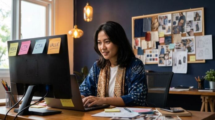 Copywriter Indonesia menulis teks iklan di laptop dengan sticky notes berisi formula copywriting di meja kerja kreatif Bandung