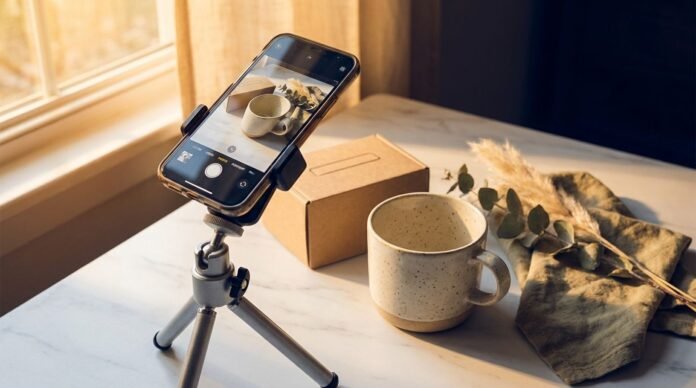 Smartphone di atas tripod memotret produk keramik dengan styling flat lay di atas marmer putih dengan cahaya natural