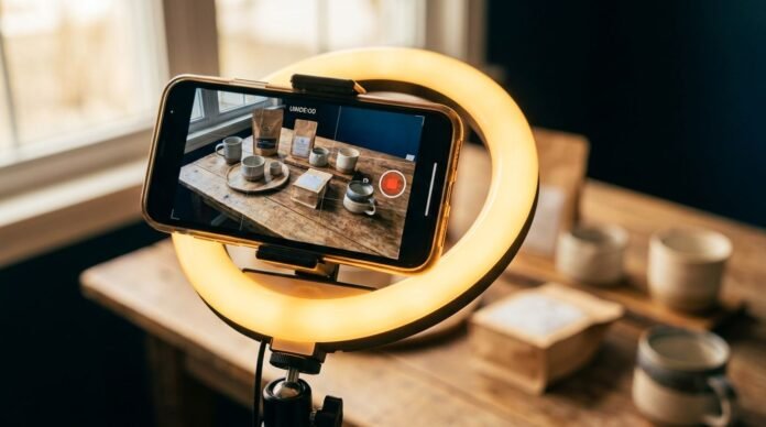 Smartphone di ring light stand merekam produk flat lay di meja kayu dengan layar menampilkan antarmuka perekaman video