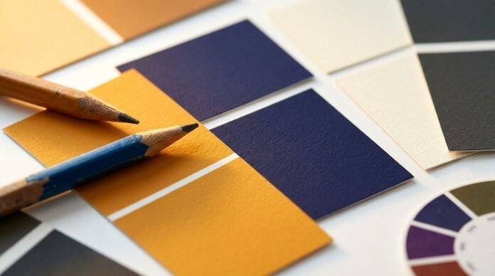 Color swatches palet warna brand tersusun di permukaan putih dengan pensil desainer dan color wheel pencahayaan natural
