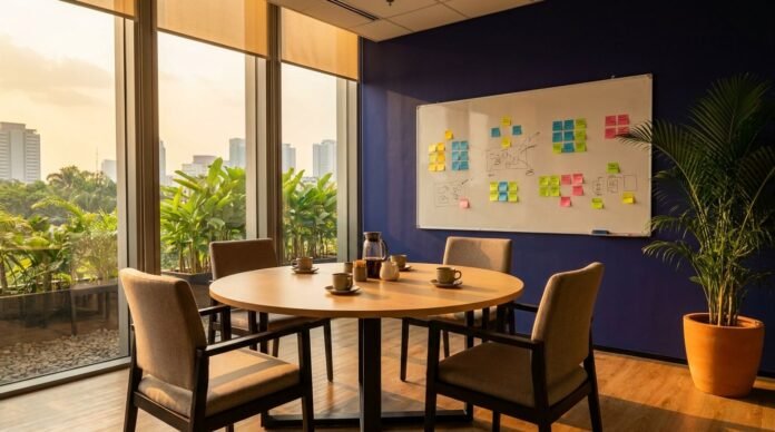 Ruang rapat kecil modern dengan whiteboard sticky notes dan cahaya natural pagi hari suasana kolaborasi tim UMKM Indonesia
