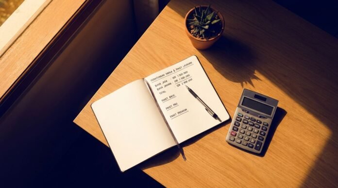 Notebook terbuka dengan kalkulasi harga jasa dan kalkulator di meja kayu dengan pencahayaan natural hangat minimal