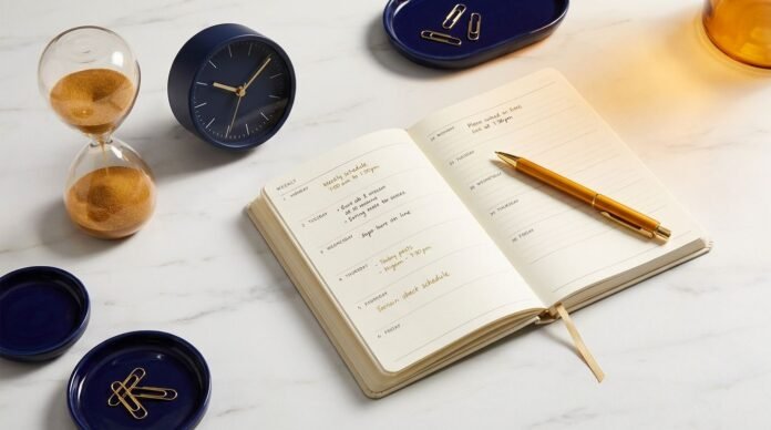 Flat lay planner mingguan jam pasir dan jam meja di atas marmer putih pencahayaan natural hangat tema manajemen waktu