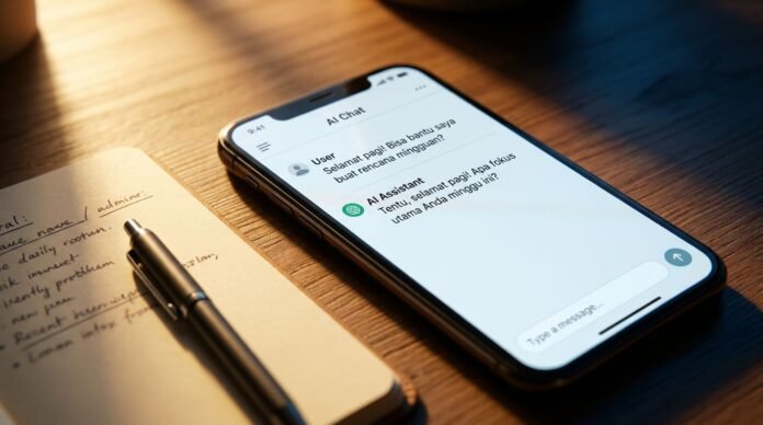 Smartphone dengan antarmuka AI chat di atas meja kayu dengan notebook catatan tangan dan cahaya natural pagi hari